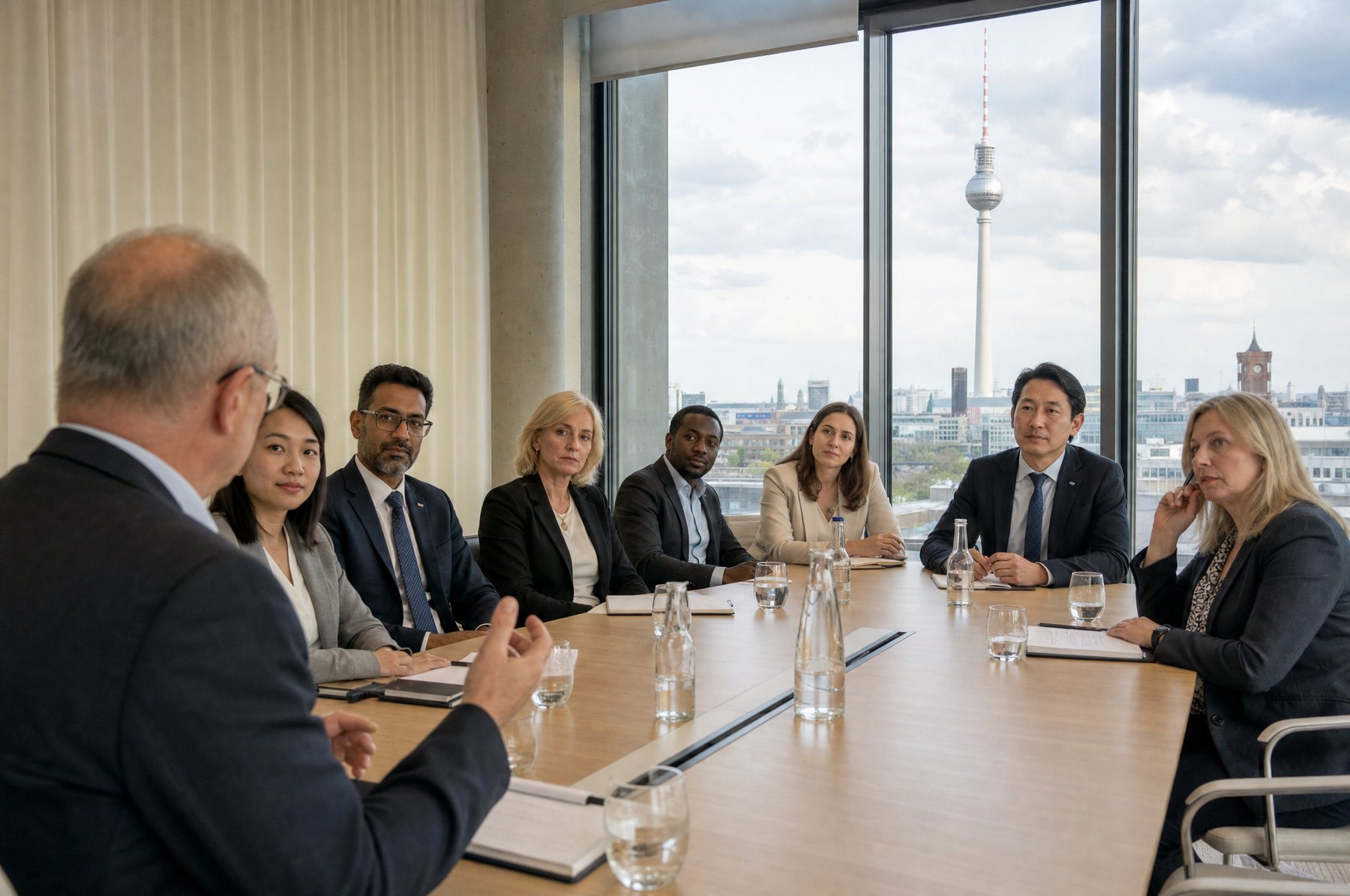 Delegation im Gespräch mit Blick auf den Berliner Fernsehturm