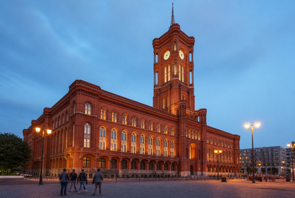 Das Rote Rathaus in Berlin am Abend